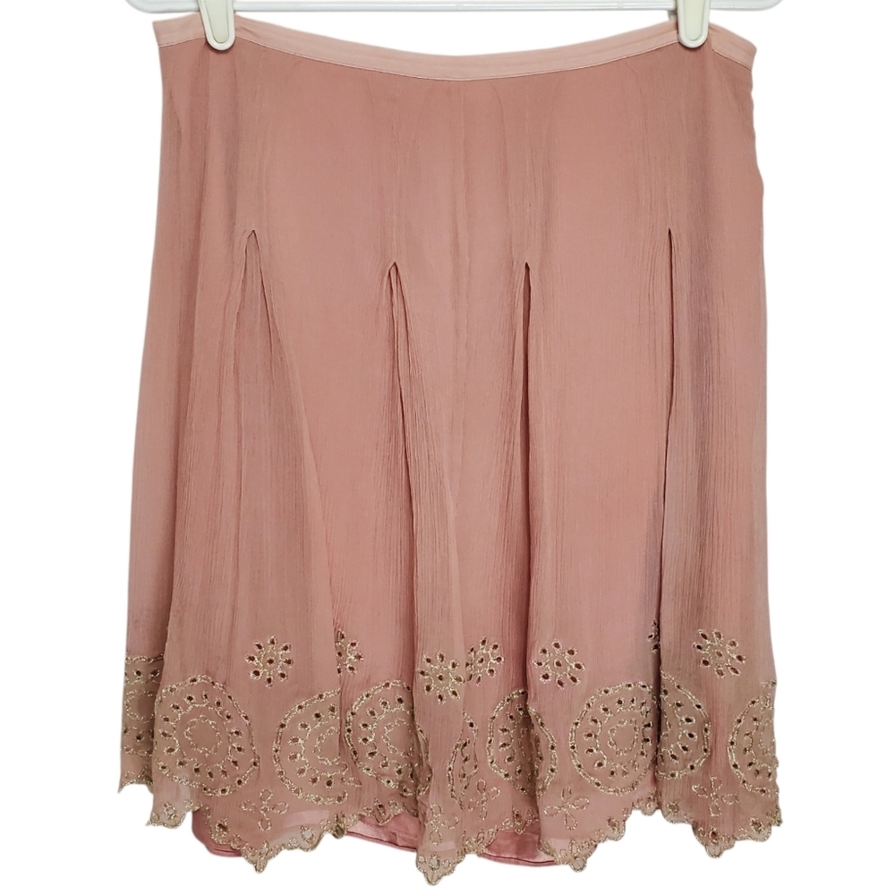 2448 * T Tahari Rose Pink Silk Floral Eyelet Pleated Mini Skirt Size 10